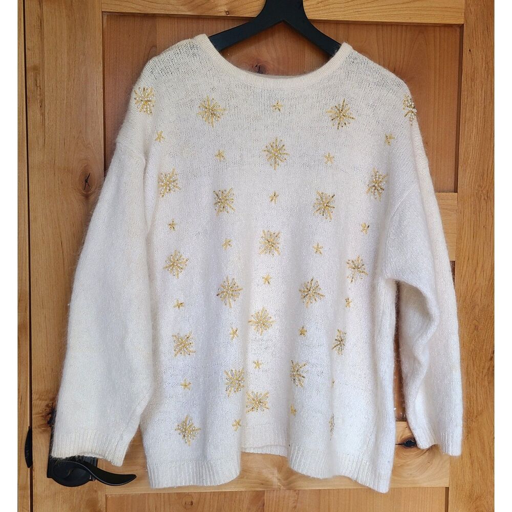 Cezanne Silk Angora‎ Lambswool Cream Beaded Wool Sweater LARGE Winter Snowflake